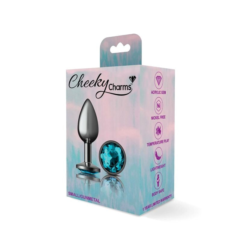 Cheeky Charms Gunmetal Round Butt Plug With Teal Jewel - - Butt Plugs