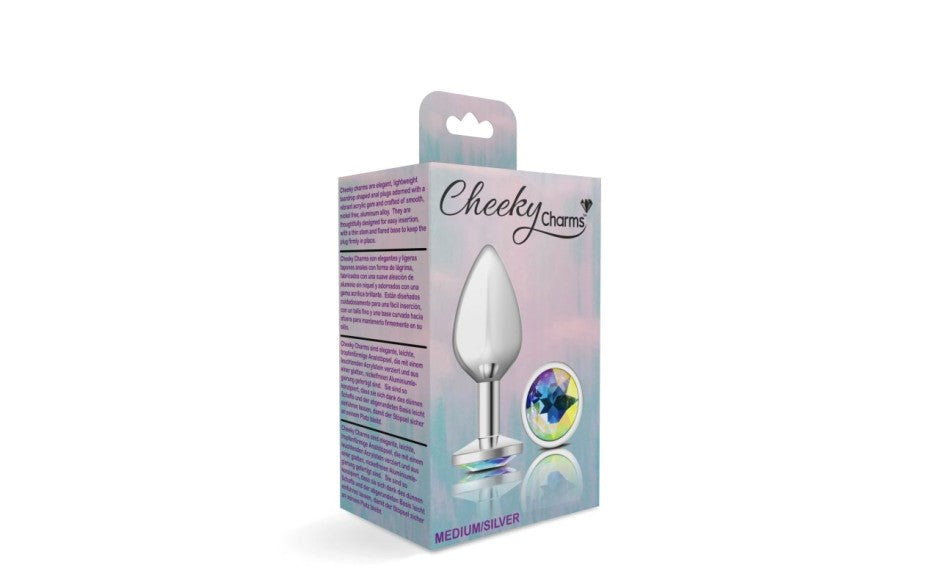 Cheeky Charms Silver Round Butt Plug With Clear Iridescent Jewel - - Butt Plugs