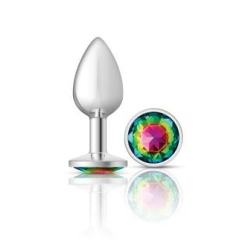 Cheeky Charms Silver Round Butt Plug With Rainbow Jewel - - Butt Plugs