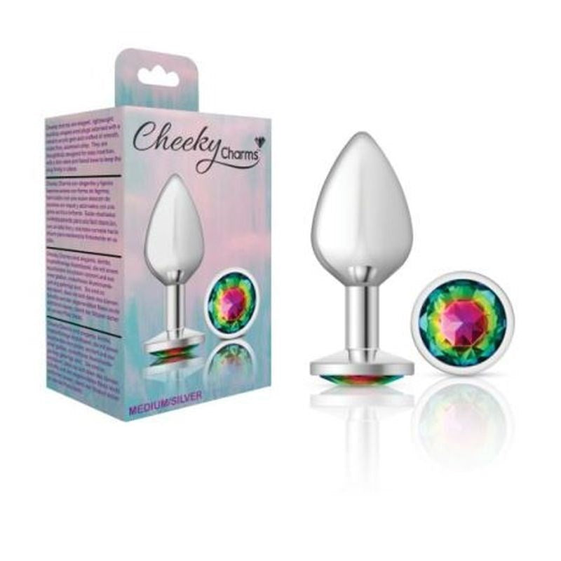 Cheeky Charms Silver Round Butt Plug With Rainbow Jewel - - Butt Plugs