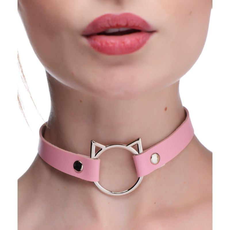 Master Series PU Leather Kinky Kitty Ring Slim Choker - - Collars and Leads
