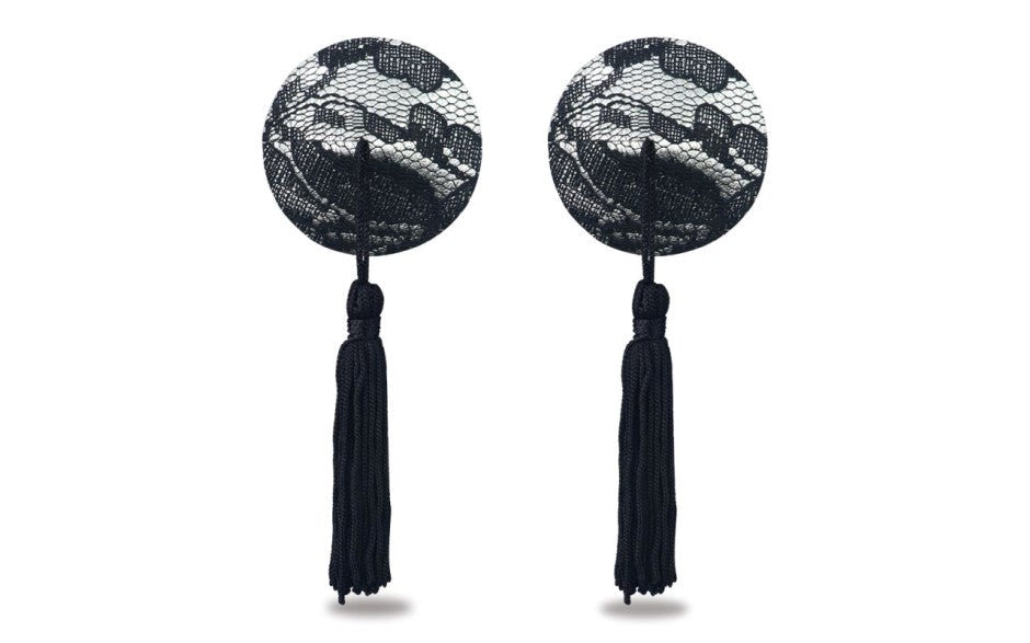 Lovetoy Reusable Black Lace Round Tassel Nipple Pasties - - Breast and Nipple Toys