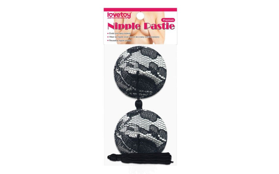 Lovetoy Reusable Black Lace Round Tassel Nipple Pasties - - Breast and Nipple Toys