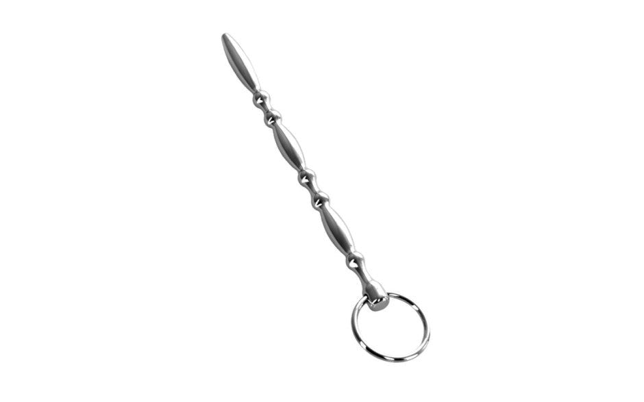 Metal Silver Metal Beaded Urethral Plug With Cock Ring - - Urethral Sounds