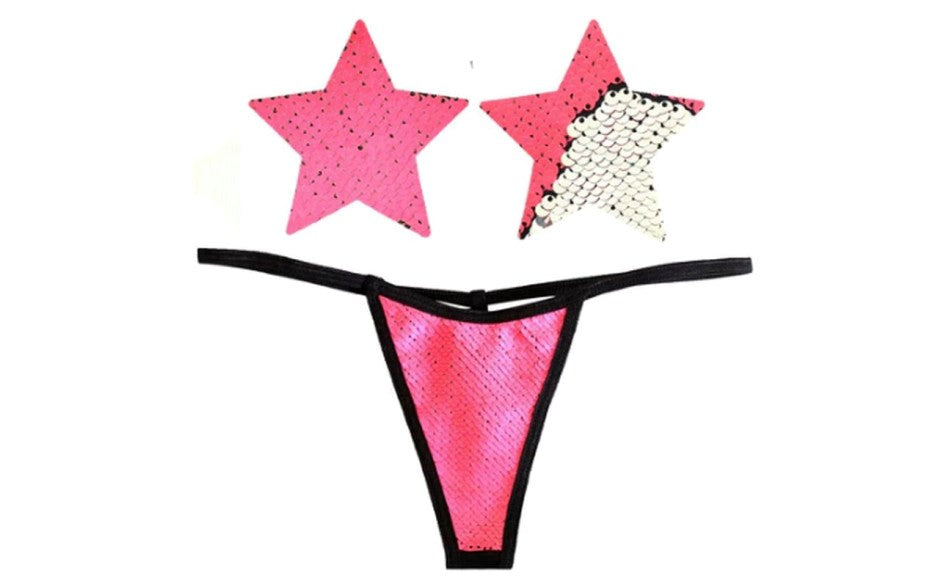 Neva Nude Bitchin Neon Pink & Silver Blacklight Sequin Pastie & Panty Set - - G-Strings, Panties and Shorts