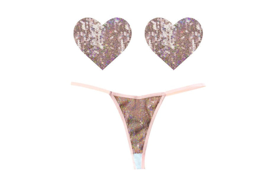 Neva Nude Bubbly Feels Nude Sequin Pantie & Heart Shapes Pastie Set - - G-Strings, Panties and Shorts