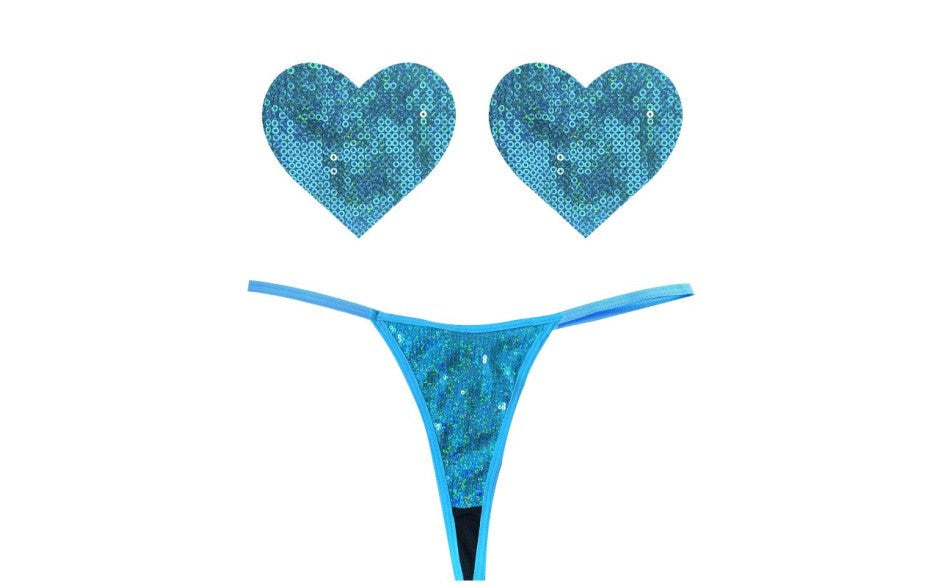Neva Nude Mahi Mahi Blue Sequin G String & Heart Shapes Pastie Set - - G-Strings, Panties and Shorts