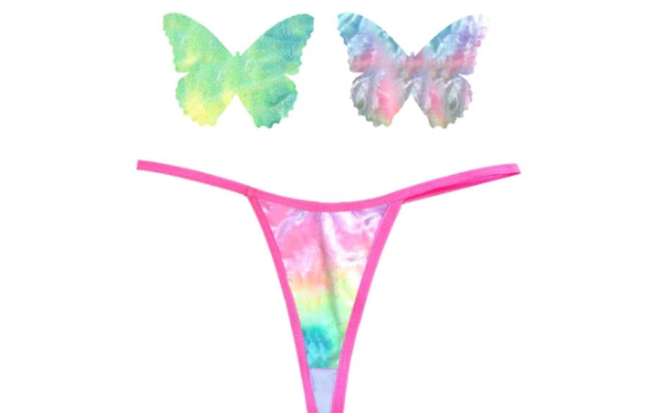 Neva Nude Rainbow Sherbet Tie Die Butterfly Pastie & Panty Set - - G-Strings, Panties and Shorts