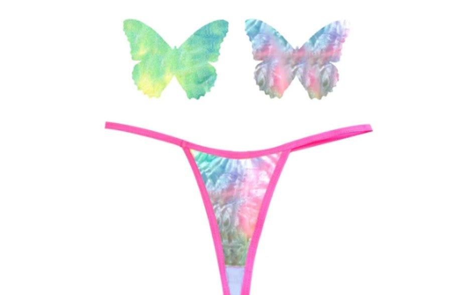 Neva Nude Rainbow Sherbet Tie Die Butterfly Pastie & Panty Set - - G-Strings, Panties and Shorts