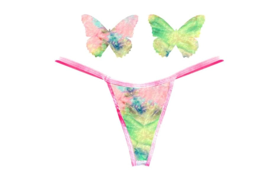 Neva Nude Rainbow Sherbet Tie Die Butterfly Pastie & Panty Set - - G-Strings, Panties and Shorts