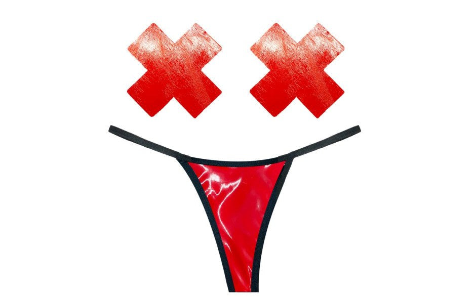 Neva Nude Vixen Red Wet Vinyl Womens Pastie & G String Set - - G-Strings, Panties and Shorts