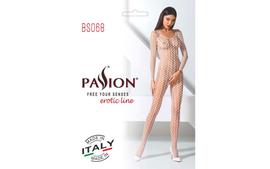 Passion Lingerie Ribbed Mesh Quality Bodystocking BS068 One Size White - - Body Stockings