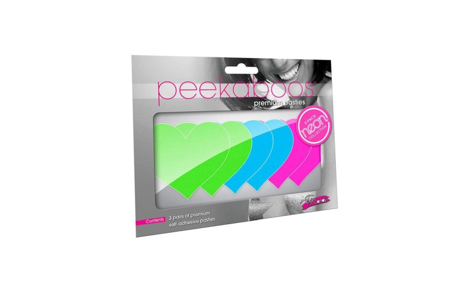 Peekaboo Neon Heart Nipple Pasties 3 Pack Green / Blue / Pink - - Fancy Dress Ups