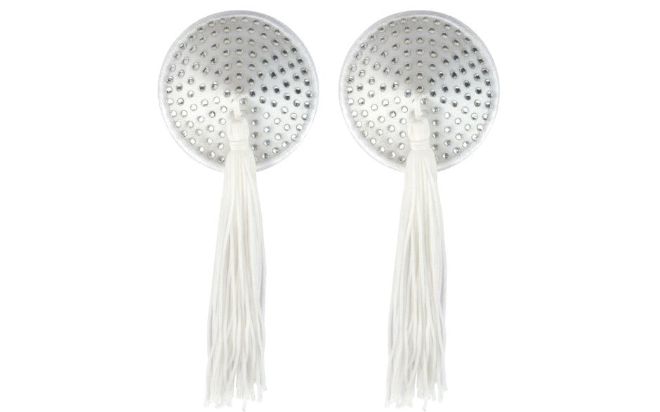 Peekaboo White Satin With White Stone & Tassel Pasties White - - Fancy Dress Ups