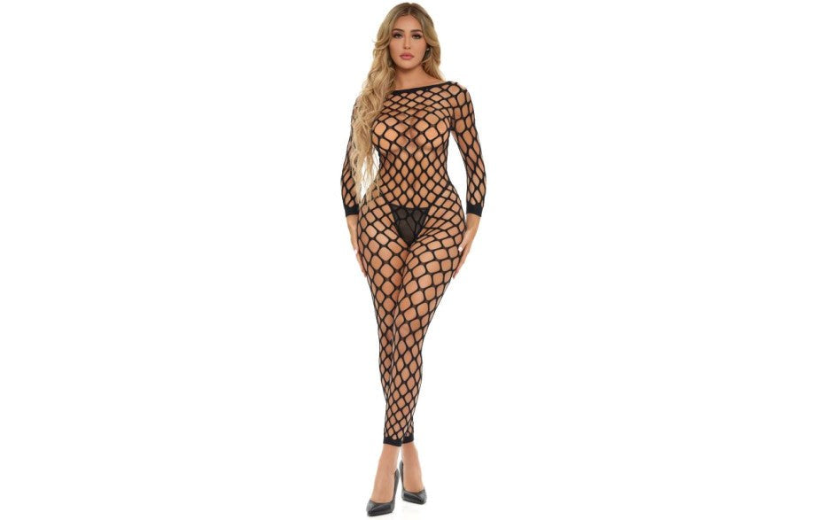 Pink Lipstick Swipe Right Crotchless Womens Bodystocking One Size Black - - Body Stockings