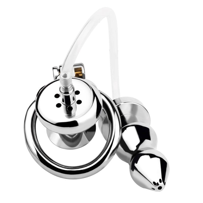 BDStyle Stainless Steel Male Chastity Cage With Enema Butt Plug Medium - - Male Chastity