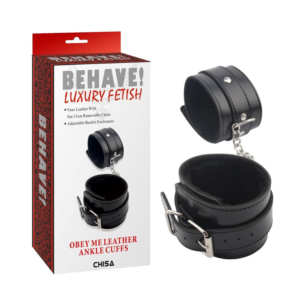 Behave Obey Me Leather Fetish Ankle Cuffs Black - - Cuffs And Restraints