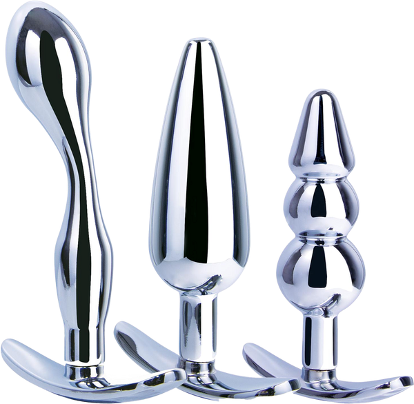Hardware Gear 3 in 1 High Glossy Finish Metal Butt Plug Kit Set Chrome - - Butt Plugs