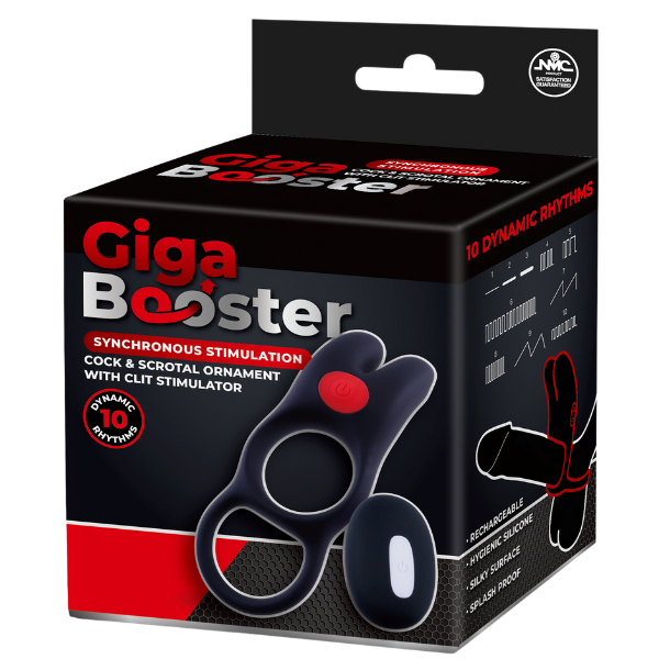Giga Booster Vibrating Cock & Scrotal Ring With Clit Stimulator Black - - Vibrating Cock Rings