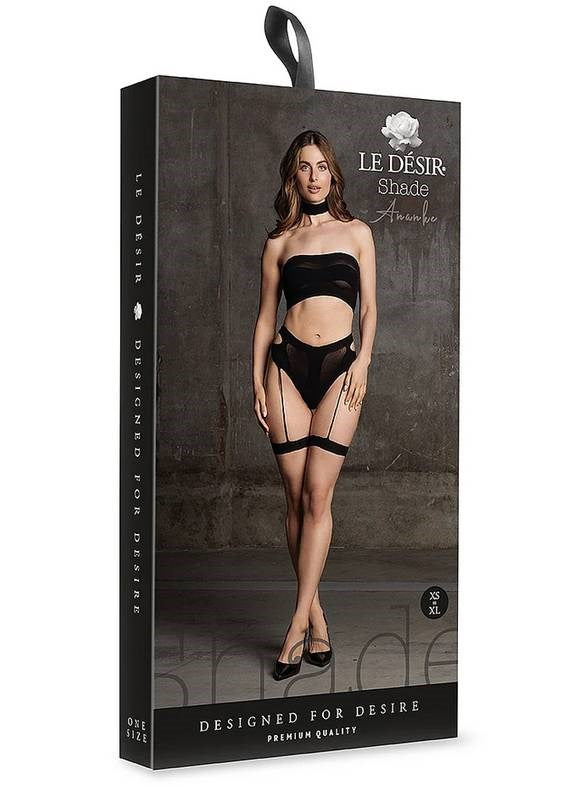 Le Desir Shade Ananke XII Three Piece Bandeau Top and Pantie with Garters Black - - Bras and Bra Sets