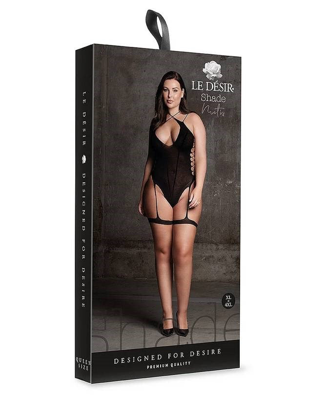 Le Desir Shade Metis XVI Womens Bodysuit with Garters and Crossed Neckline Black - - Teddies and Bodysuits
