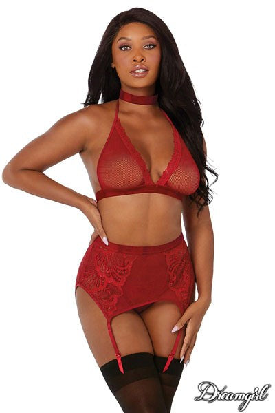 Dreamgirl Fishnet and Lace Bra Garter Belt and G-String Set - - Bras and Bra Sets