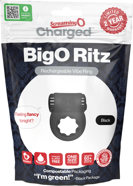 Charged BigO Ritz Rechargeable Vibrating Mens Cock Ring Black - - Vibrating Cock Rings