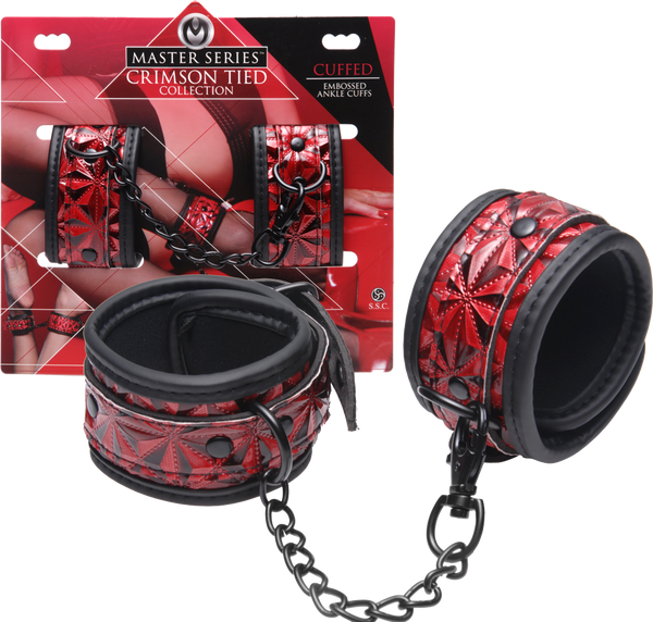 Master Series Crimson Tied Embossed Bondage Ankle Cuffs - Cuffs And Restraints