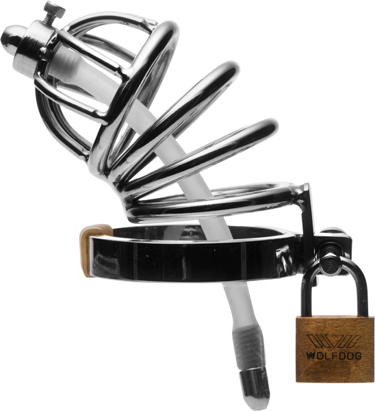 Master Series Stainless Steel Chastity Cage With Silicone Urethral Plug - Male Chastity
