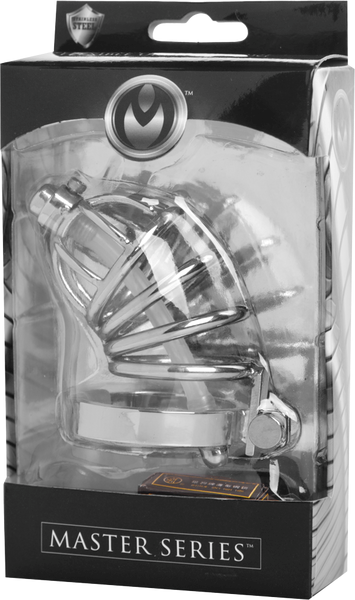 Master Series Stainless Steel Chastity Cage With Silicone Urethral Plug - Male Chastity