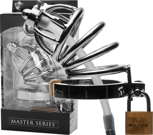 Master Series Stainless Steel Chastity Cage With Silicone Urethral Plug - Male Chastity