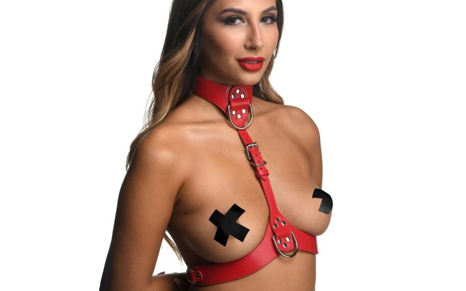 Strict Vegan Leather Female Chest Harness Red - - Cuffs And Restraints