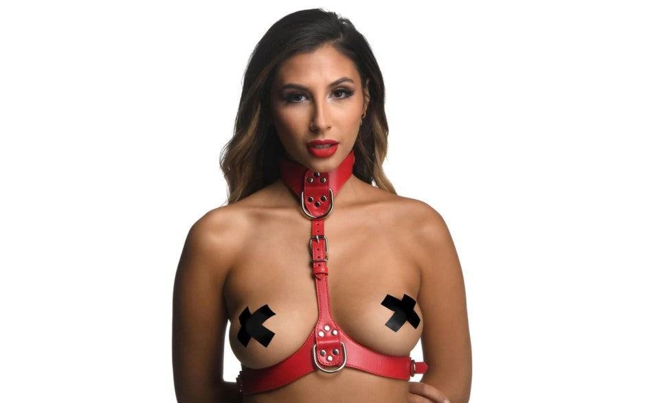 Strict Vegan Leather Female Chest Harness Red - - Cuffs And Restraints
