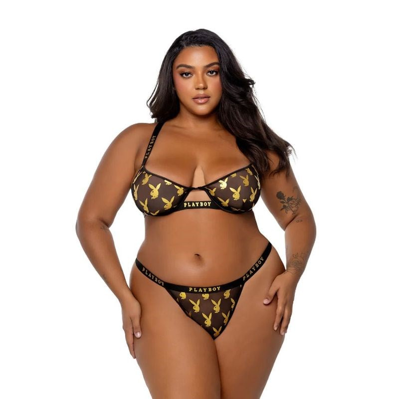 Playboy Foiled Bunny 2 Piece Bra and Panty Set Gold/Black - - Bras and Bra Sets
