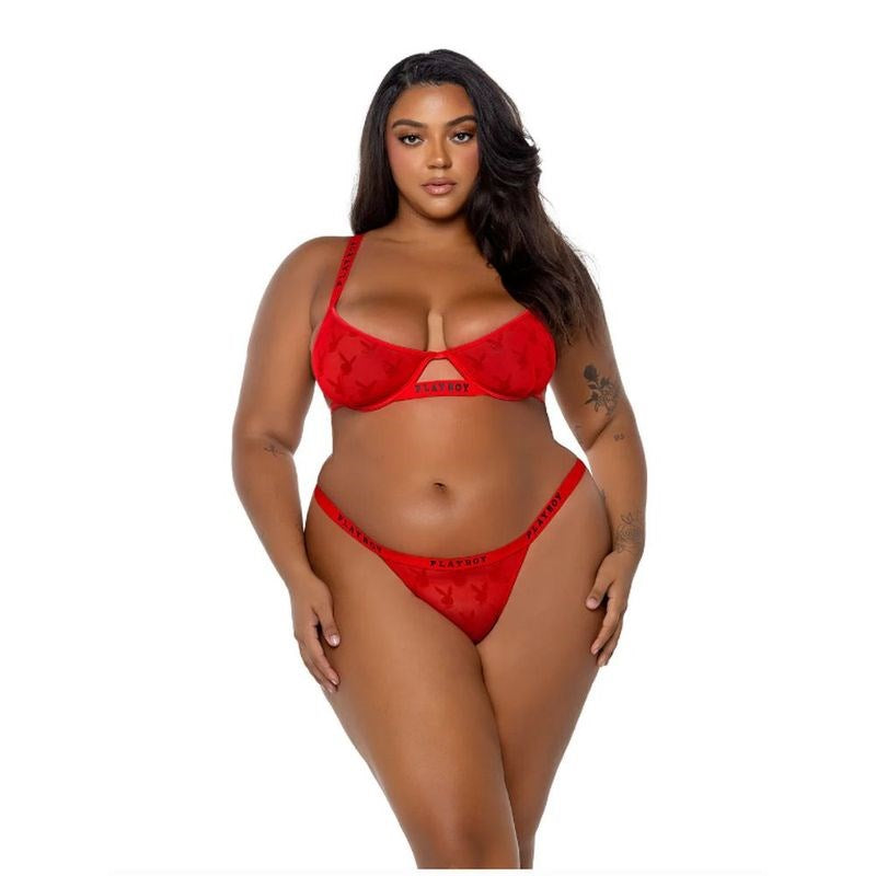 Playboy Rouge Bunny 2 Piece Bra and Panty Set Red Flock - - Bras and Bra Sets