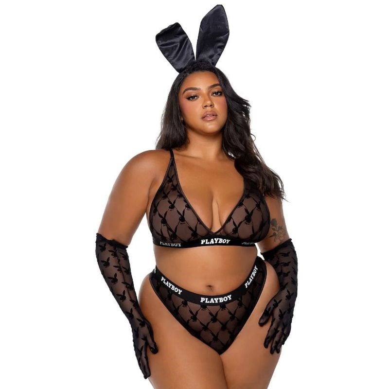 Playboy Flocked Bunny 2 Piece Lingerie Set Black - - Bras and Bra Sets