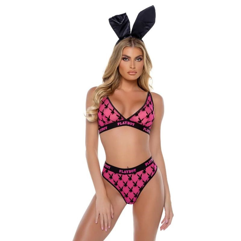 Playboy Flocked Bunny 2 Piece Sexy Lingerie Set Pink - - Bras and Bra Sets
