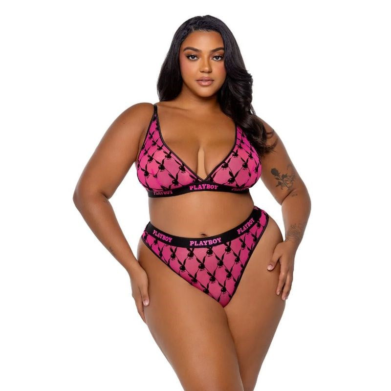 Playboy Flocked Bunny 2 Piece Sexy Lingerie Set Pink - - Bras and Bra Sets