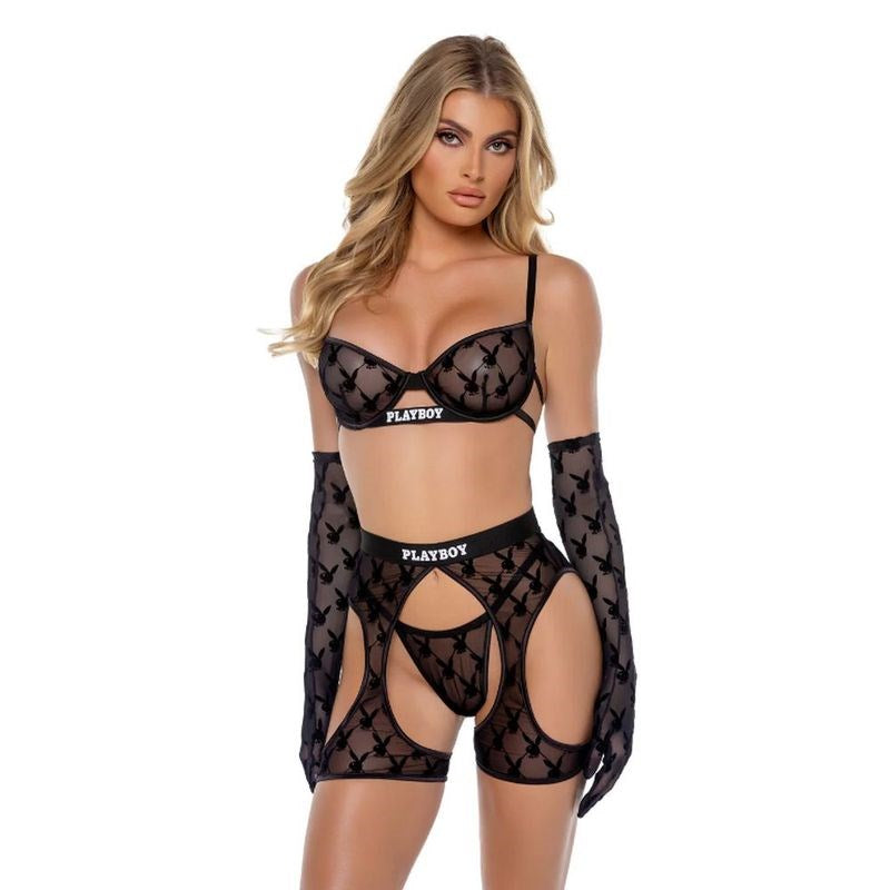 Playboy Flocked Bunny Chaps 3 Piece Lingerie Set Black - - Bras and Bra Sets