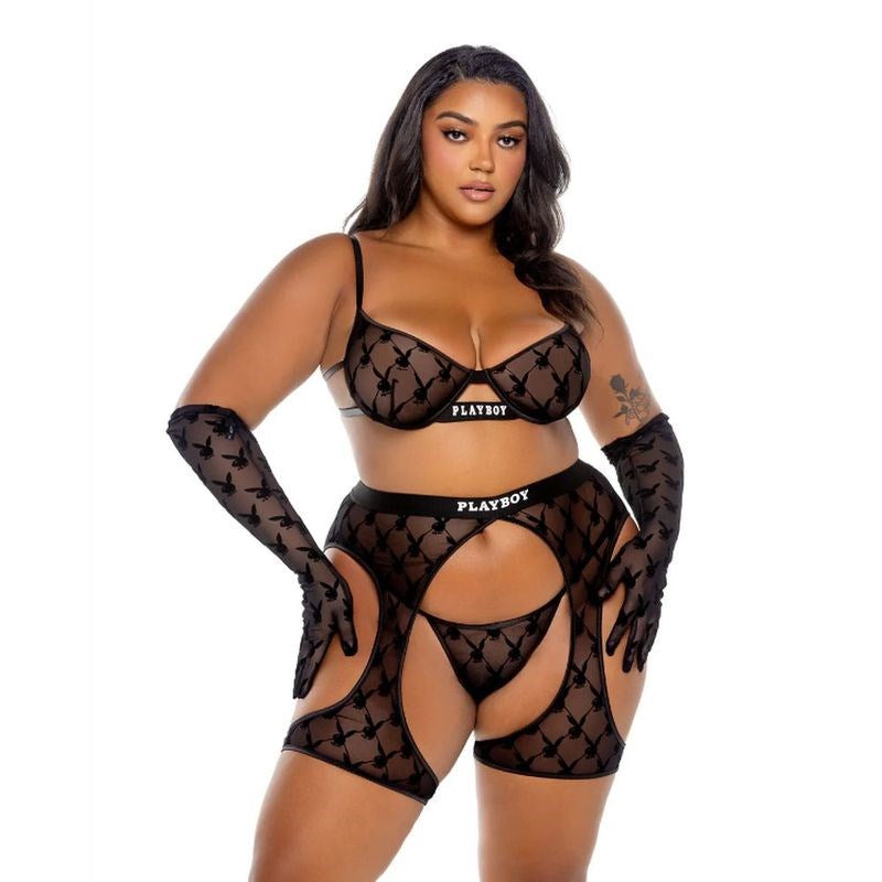 Playboy Flocked Bunny Chaps 3 Piece Lingerie Set Black - - Bras and Bra Sets