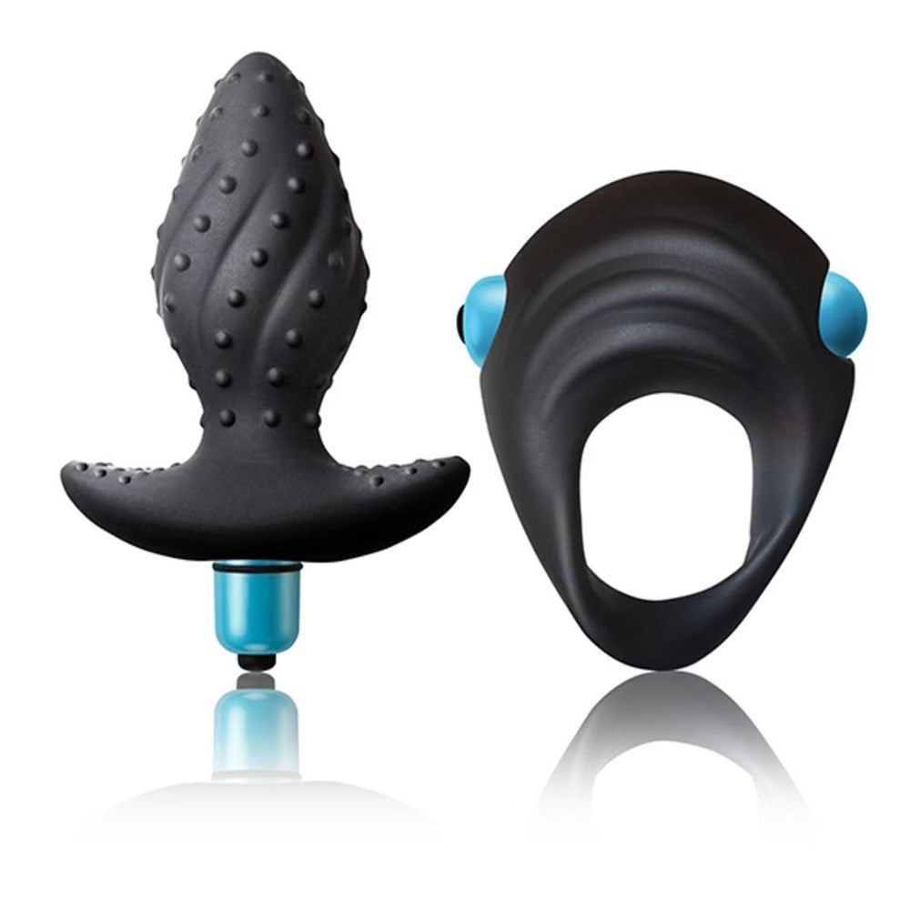 Rocks Off Ibex Butt Plug and Cock Ring Set Blue/Black - Sex Kits
