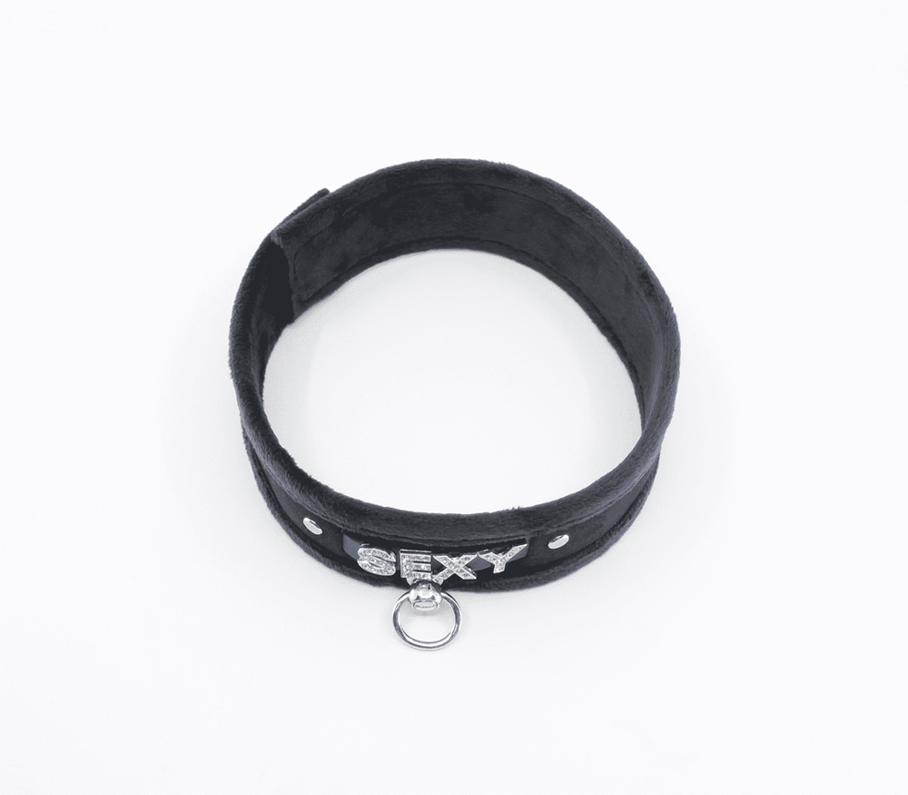 Love In Leather Diamante Sexy Fluffy Bondage Collar - - Collars and Leads