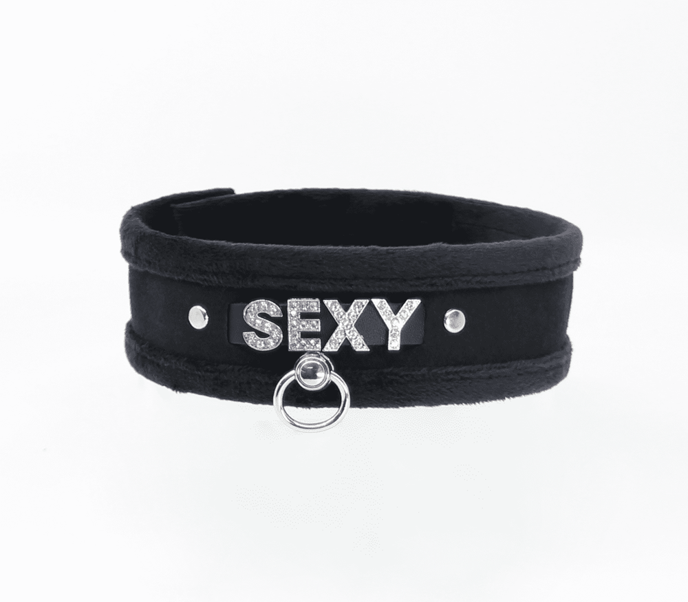 Love In Leather Diamante Sexy Fluffy Bondage Collar - - Collars and Leads