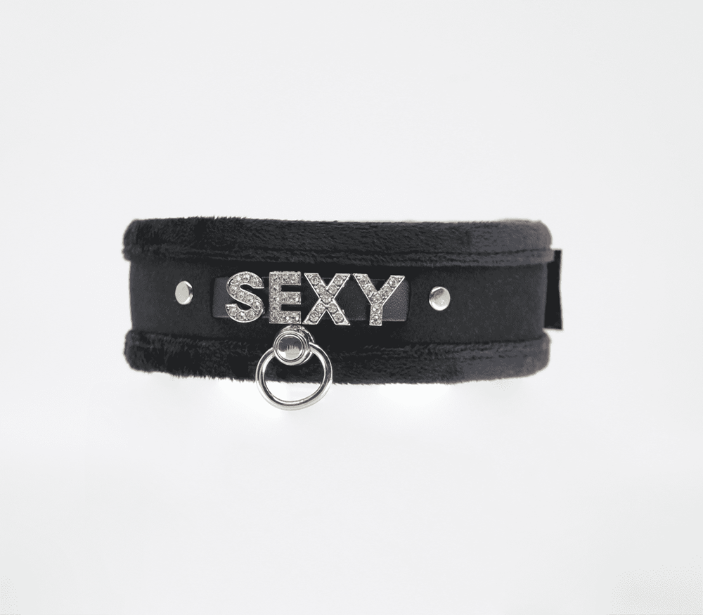 Love In Leather Diamante Sexy Fluffy Bondage Collar - Black - Collars and Leads