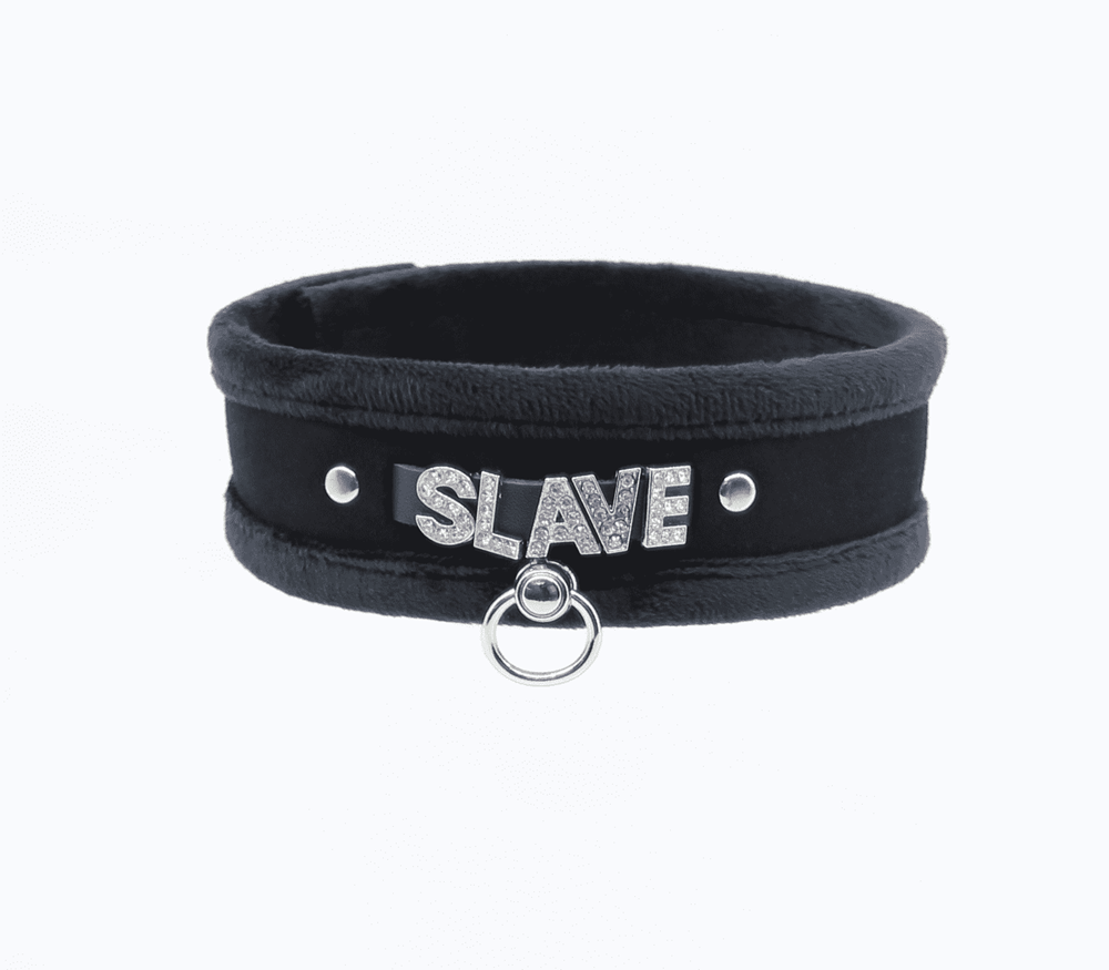 Love In Leather Diamante Slave Fluffy Fetish Collar - - Collars and Leads