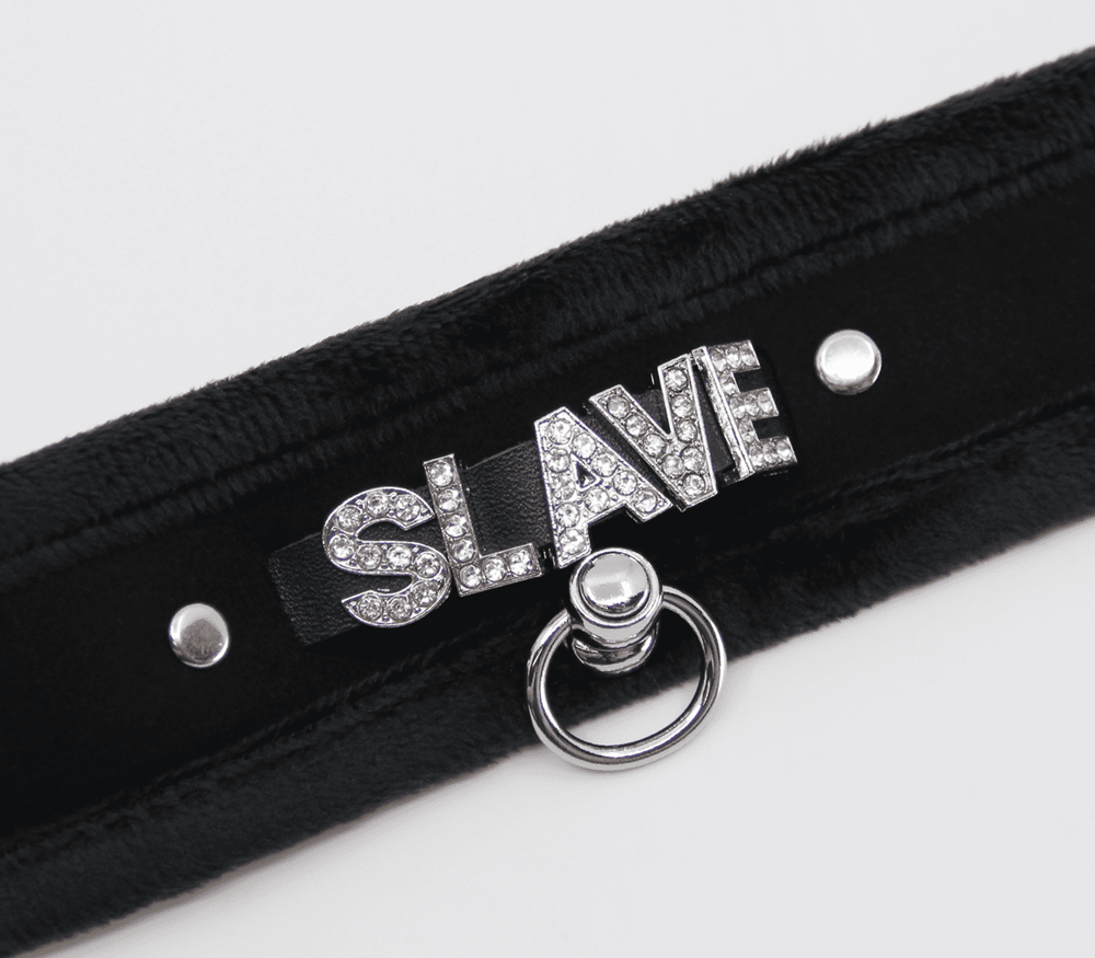 Love In Leather Diamante Slave Fluffy Fetish Collar - - Collars and Leads
