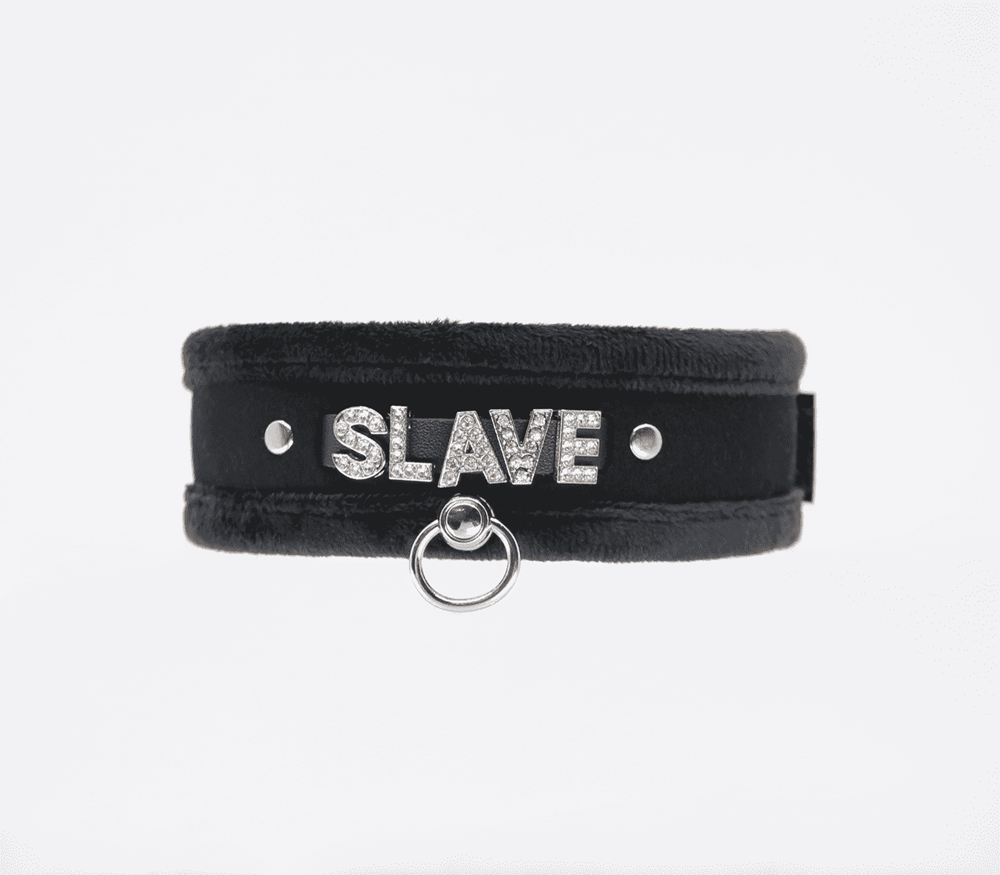 Love In Leather Diamante Slave Fluffy Fetish Collar - Black - Collars and Leads