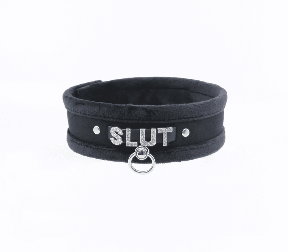 Love In Leather Diamante Slut Fluffy Fetish Collar - - Collars and Leads