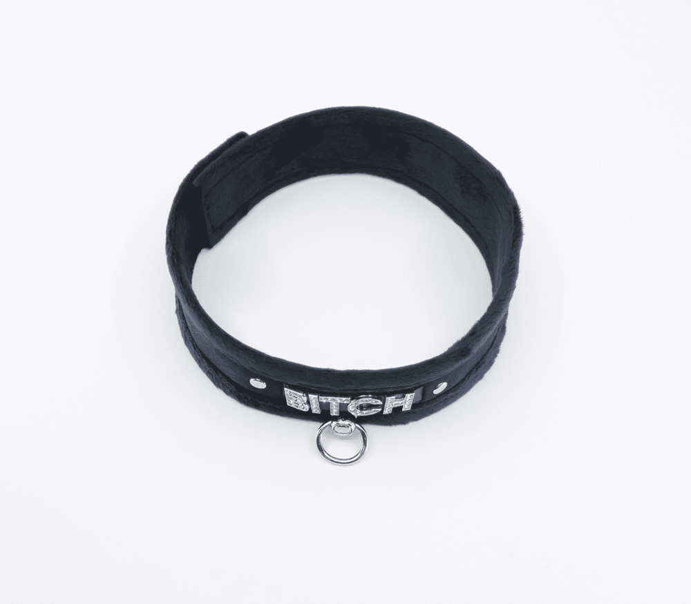 Love In Leather Diamante Bitch Fluffy Bondage Collar - Collars and Leads