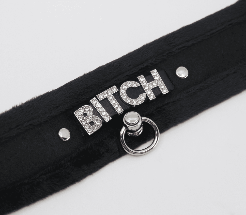 Love In Leather Diamante Bitch Fluffy Bondage Collar - Collars and Leads